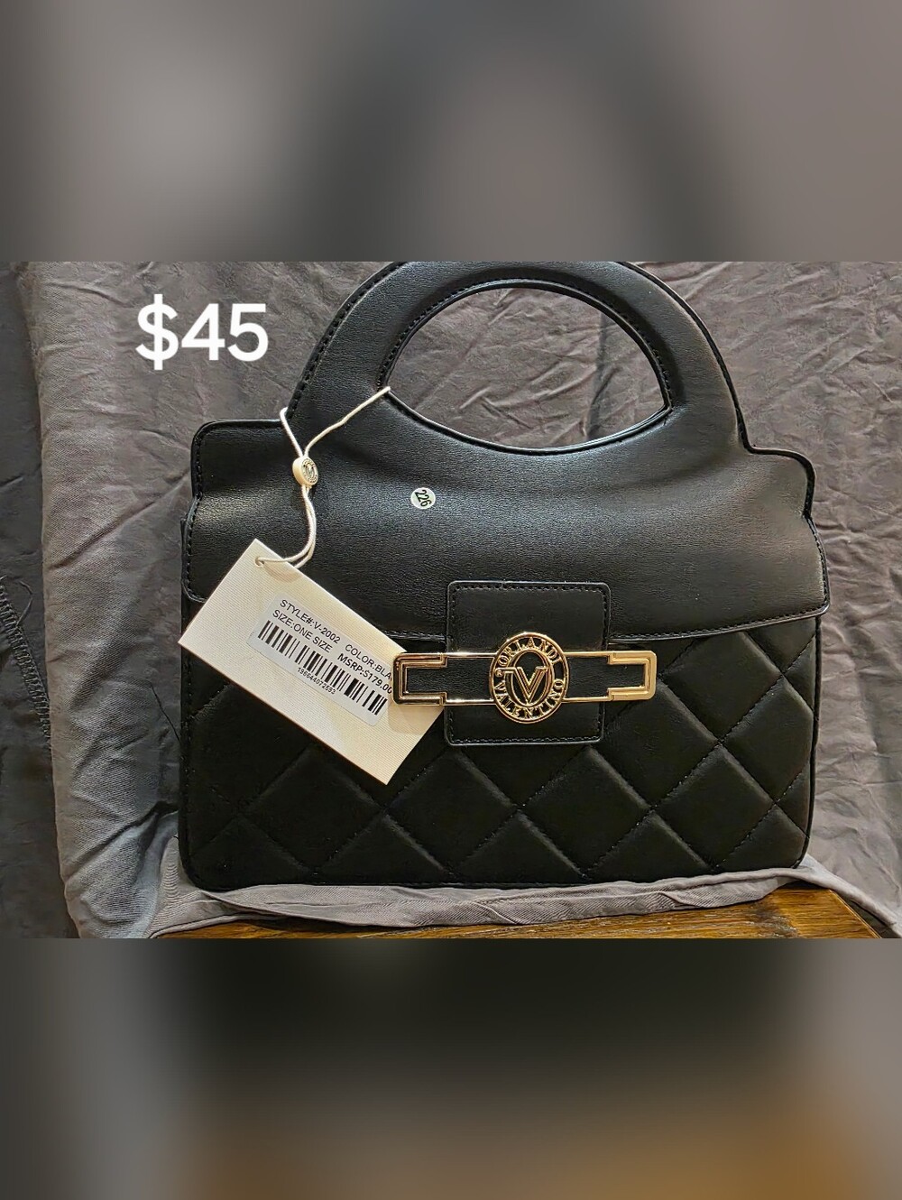 Valentino Orlandi Black Quilted Satchel with Gold Logo Accent